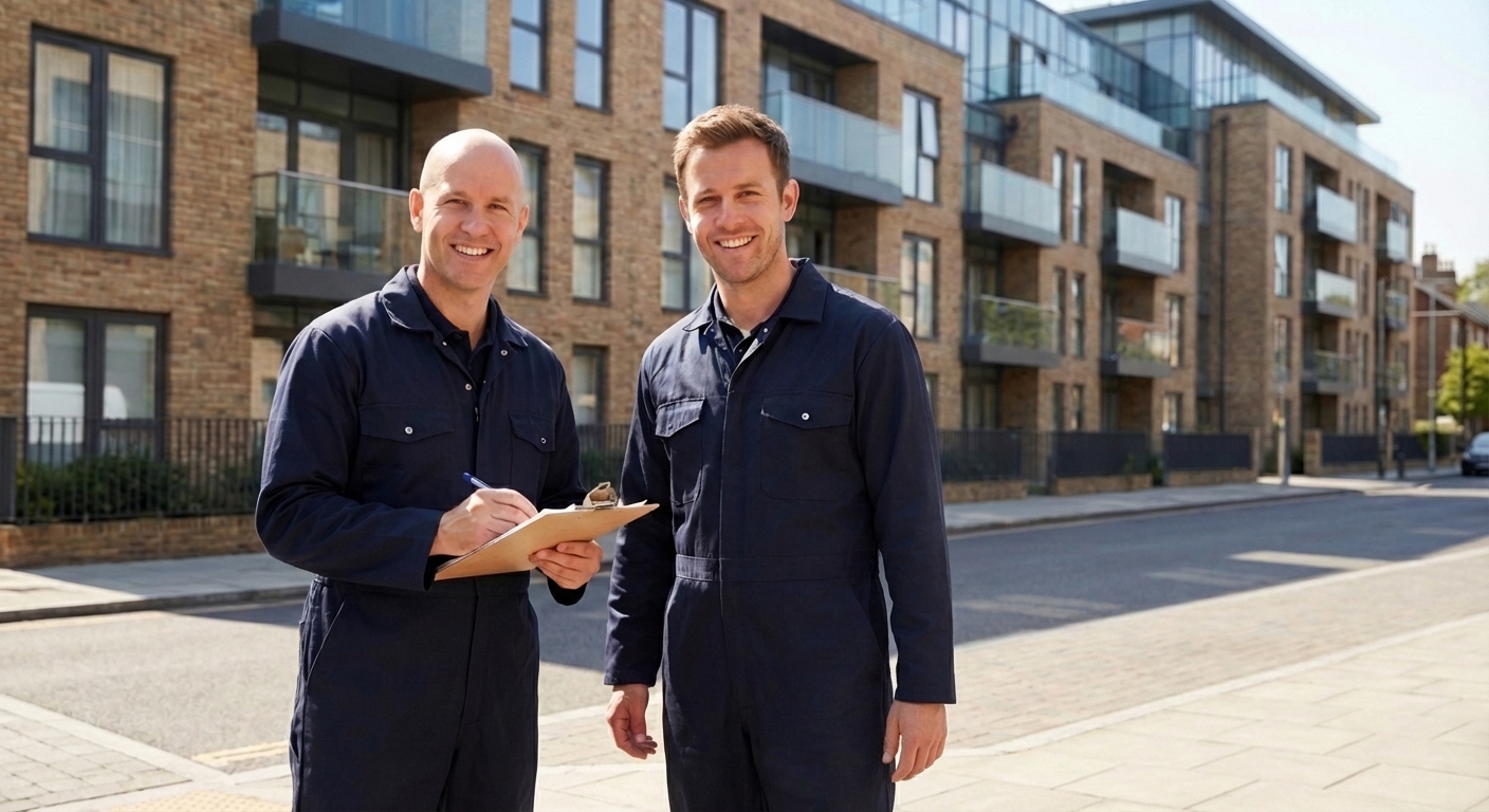 Two APT engineers in navy uniforms outside a London apartment block — clipboard, toolbox, white van behind
