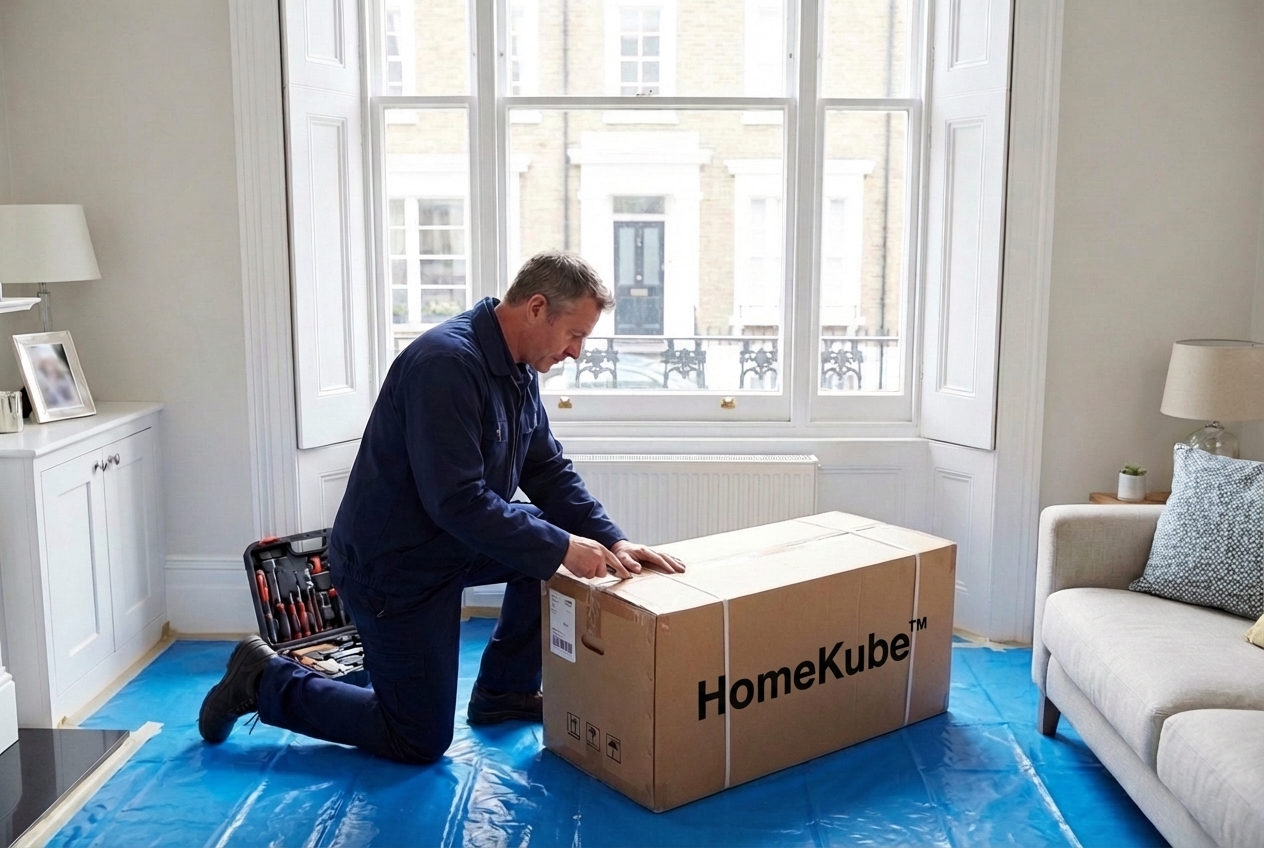 Professional engineer carefully installing air conditioning in a London apartment