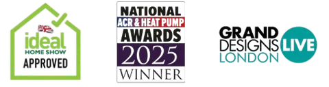 Ideal Home Show Approved · National ACR & Heat Pump Awards 2025 Winner · Grand Designs Live London