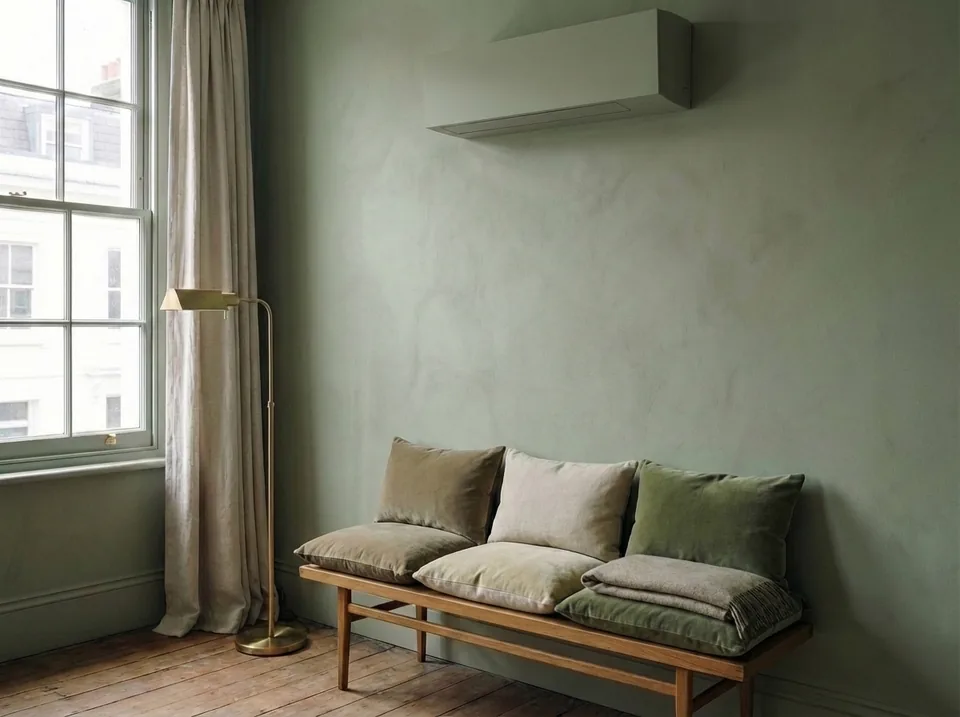 Slim wall-mounted air conditioning unit colour-matched to apartment wall