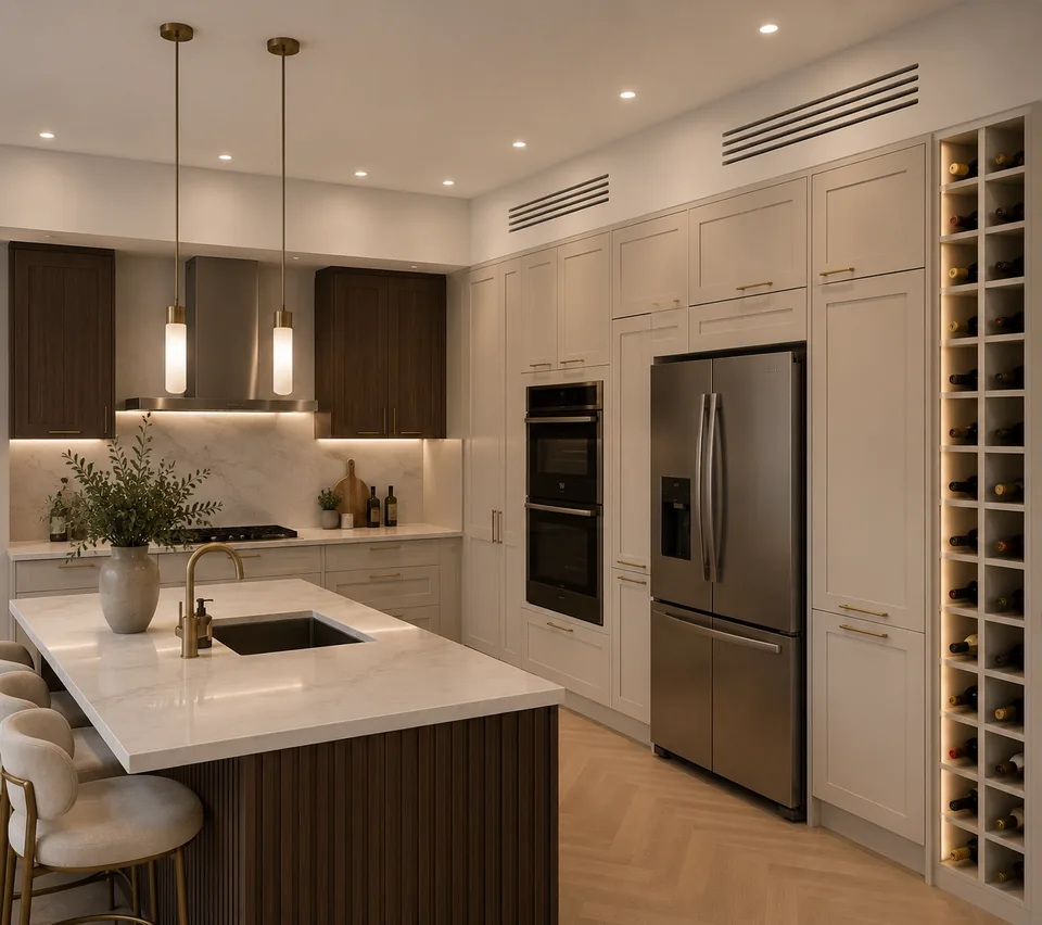 Slim flush InvisiGrille™ ceiling grilles in a luxury London apartment kitchen