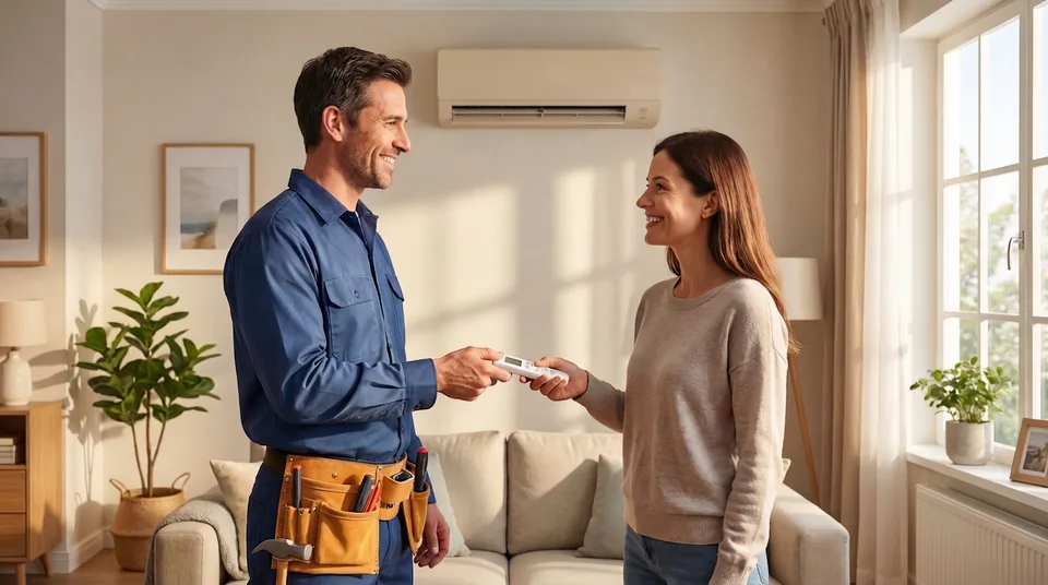 APT engineer handing over the remote to a happy customer with installed AC unit on the wall behind them
