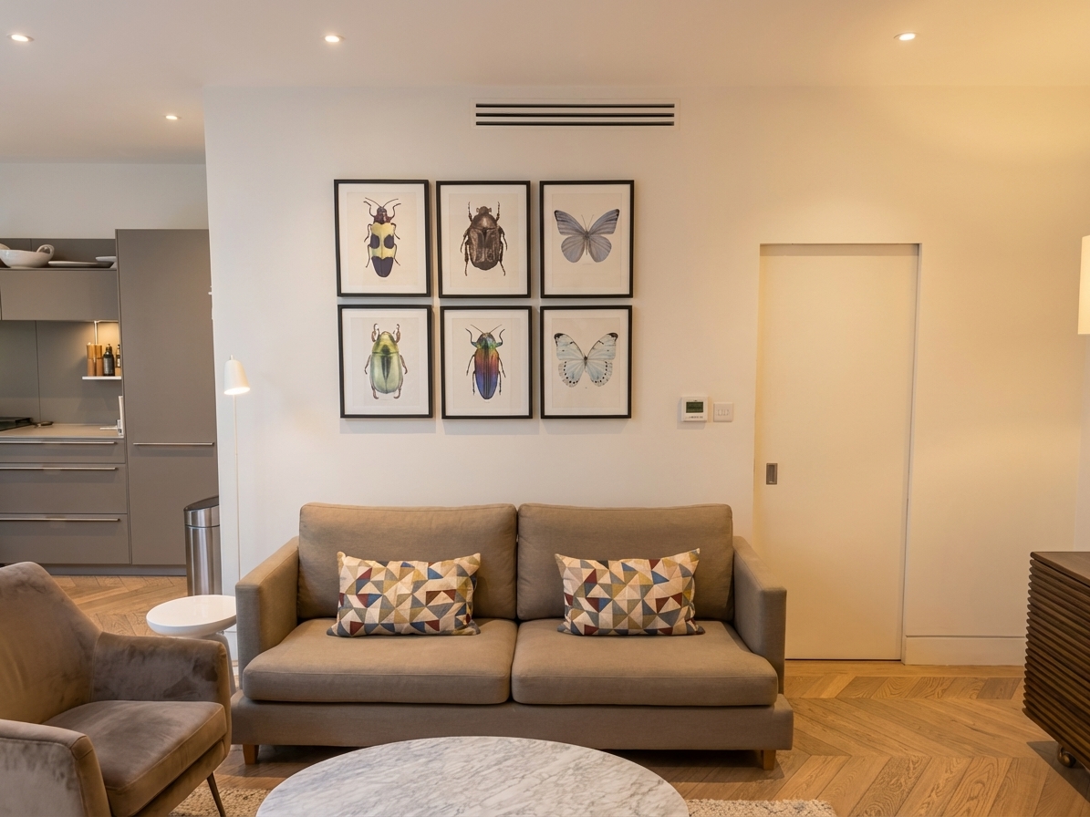 Slim flush InvisiGrille installed in a luxury London apartment living room
