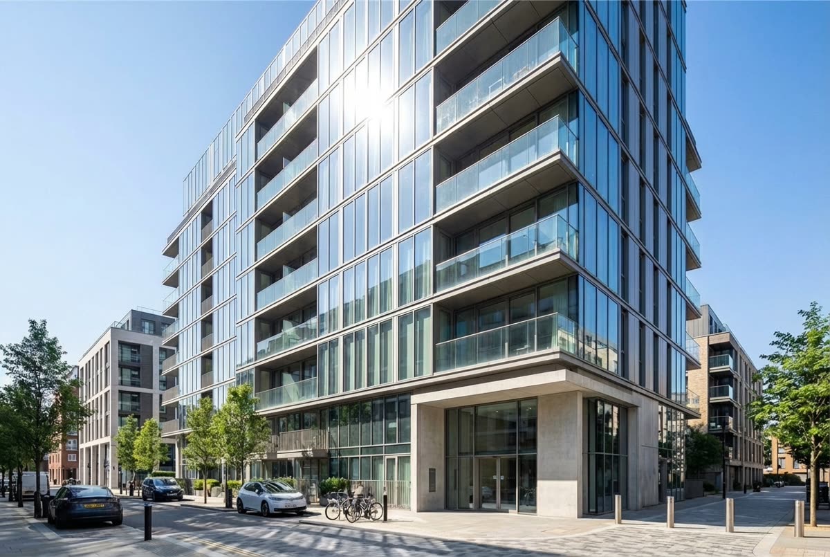 Modern glass new build apartment block in London — sun blazing off the facade on a clear summer day