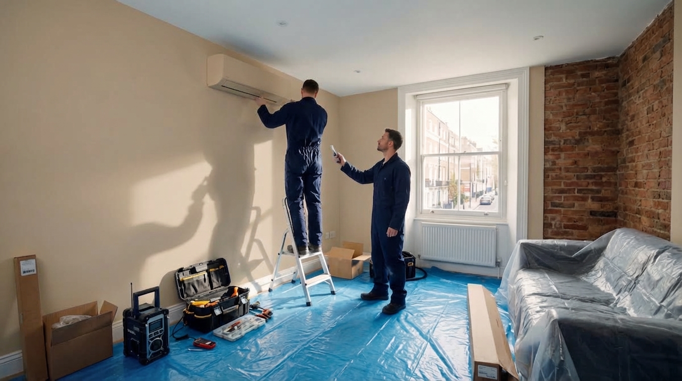 Two APT engineers installing a wall-mounted AC unit in a London apartment, blue floor protection laid throughout