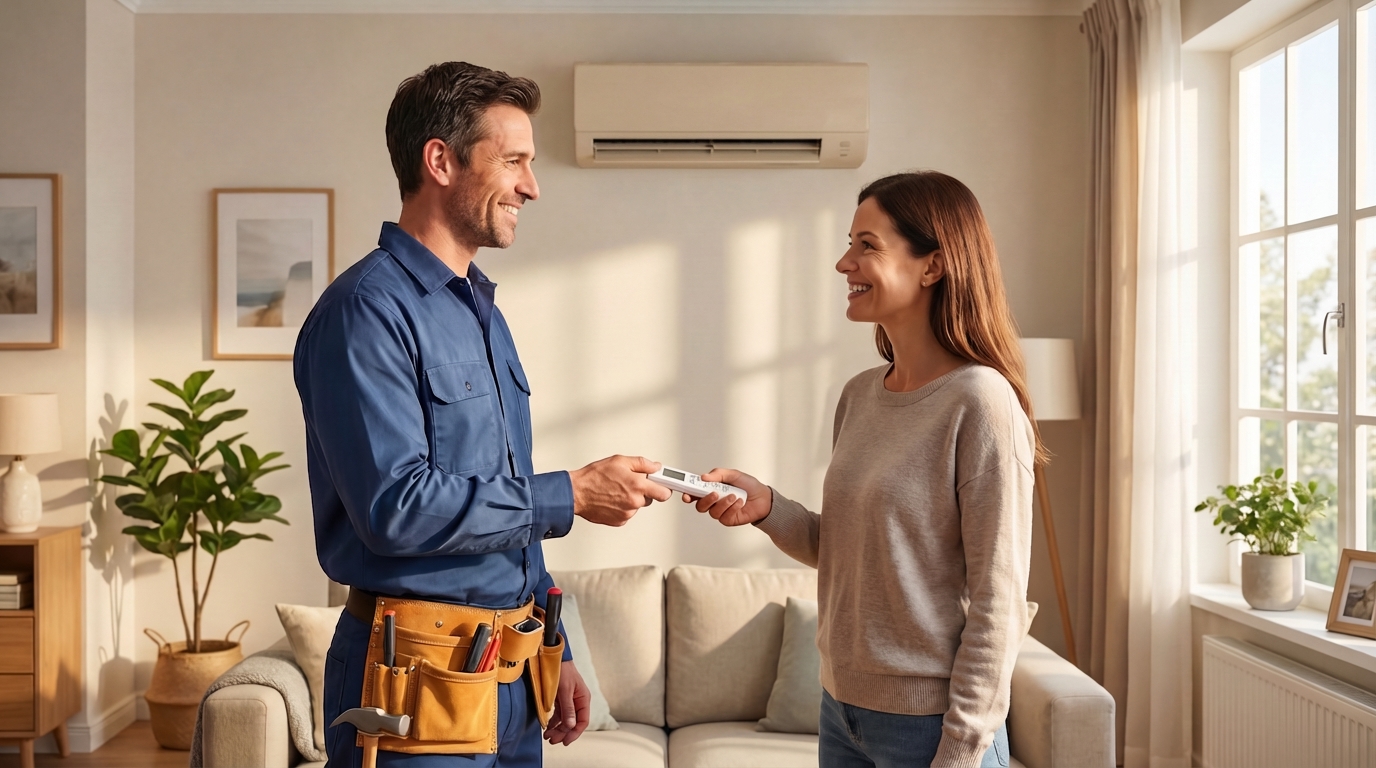 APT engineer handing over the remote to a happy customer with installed AC unit on the wall behind them