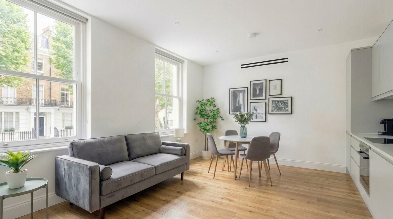 Bright London flat with slim white wall-mounted AC unit above sash windows — clean, furnished, modern interior
